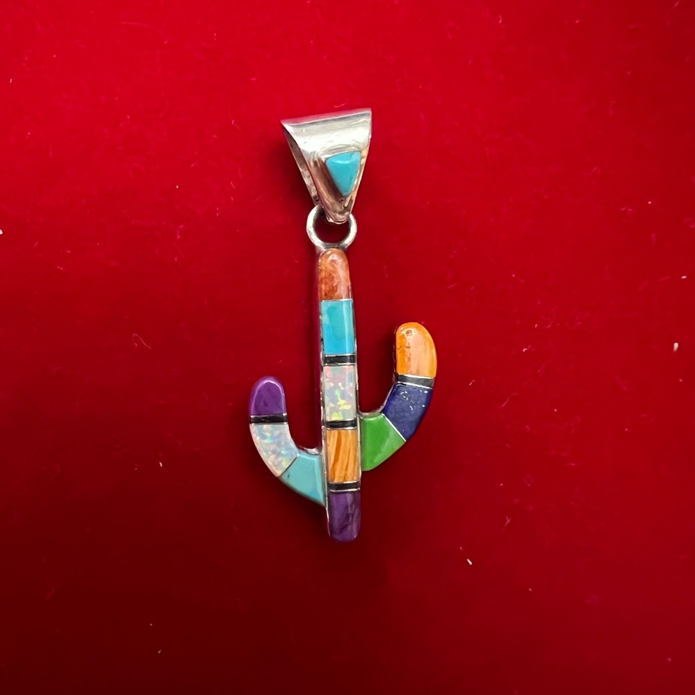 Multicolor Tirquoise Inlay  Cactus Pendant